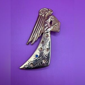 Vintage Angel harp brooch pin gold tone missing stones see photo condition